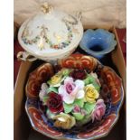 A box of assorted china including Chinese bowl, Adderley posy ornament, bone china sucrier, etc.