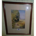 Sue Goodchild: a framed watercolour depicting a rural lane with stand of trees - signed