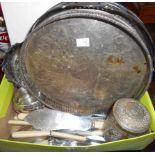 A Walker & Hall silver plated pedestal cake basket, Indian caddy, gallery tray, cutlery, etc.