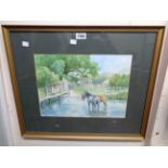 Robin Candy: a framed watercolour depicting horses in a river with children watching on - signed