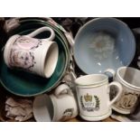 A box containing a quantity of Denby pottery comprising six bowls, another six bowls, and seven mugs