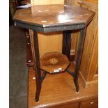 A 20" Edwardian inlaid rosewood veneered octagonal two tier occasional table, set on square