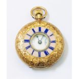 An early 20th Century J. W. Benson ornate marked 18k. yellow metal lady's half hunter fob watch with