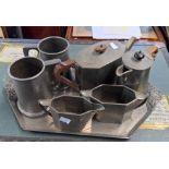 A Craftsmen pewter tea set with tray - sold with two pewter tankards