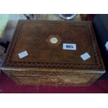 A vintage inlaid sewing box with assorted contents - hinges and lock a/f