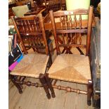 A harlequin set of eight elm framed spindle backed dining chairs all with woven rush seats,