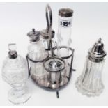 A silver topped faceted glass dressing case bottle, scent bottle with silver collar, plated sugar