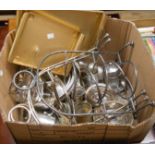 A box containing a quantity of silver plated items including cake stands, gallery tray, entree