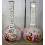 A pair of continental bottle vases in the manner of Angelica Kaufmann