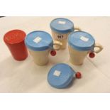 Three Bourn-Vita mugs and lids, and an additional lid - sold with a set of retro OK stacking