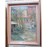 A 20th Century oil painting on canvas of a continental townscape with figures and trees - signed
