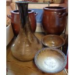 Two salt glazed stoneware crocks, a large stoneware baluster vase, and two stoneware bowls