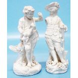 A pair of 18th Century Chelsea-Derby bisquit porcelain figures, one depicting a young boy holding