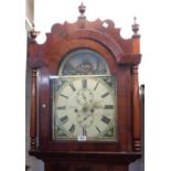 A 19th Century flame mahogany North East Country longcase clock, the 13" painted arch dial with
