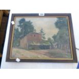 J. Cooke: An oak framed oil on canvas depicting a farmstead with woman feeding chickens - signed