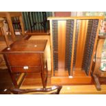 A 15" vintage stained oak sewing table with drawer - sold with a CD storage unit