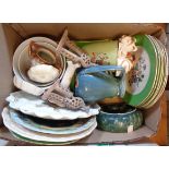 A box of assorted china including Crown Derby pin dishes, Baron Barnstaple jug, etc.