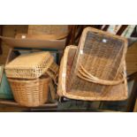 A selection of wicker baskets, container and two decorative tea trays