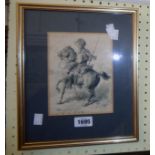 A gilt framed monochrome watercolour, depicting a mounted military figure wearing a turban