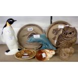 A Poole Pottery Barabara Linley-Adams little owl, two limited edition plates, penguin, fish and
