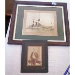 An oak framed photograph depicting HMS Victorious - sold with a photograph of a gentleman -