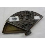 A reproduction Oriental bronzed fan shaped box with sliding top