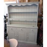 A 5' modern painted pine two part dresser, the two shelf open plate rack with four short drawers