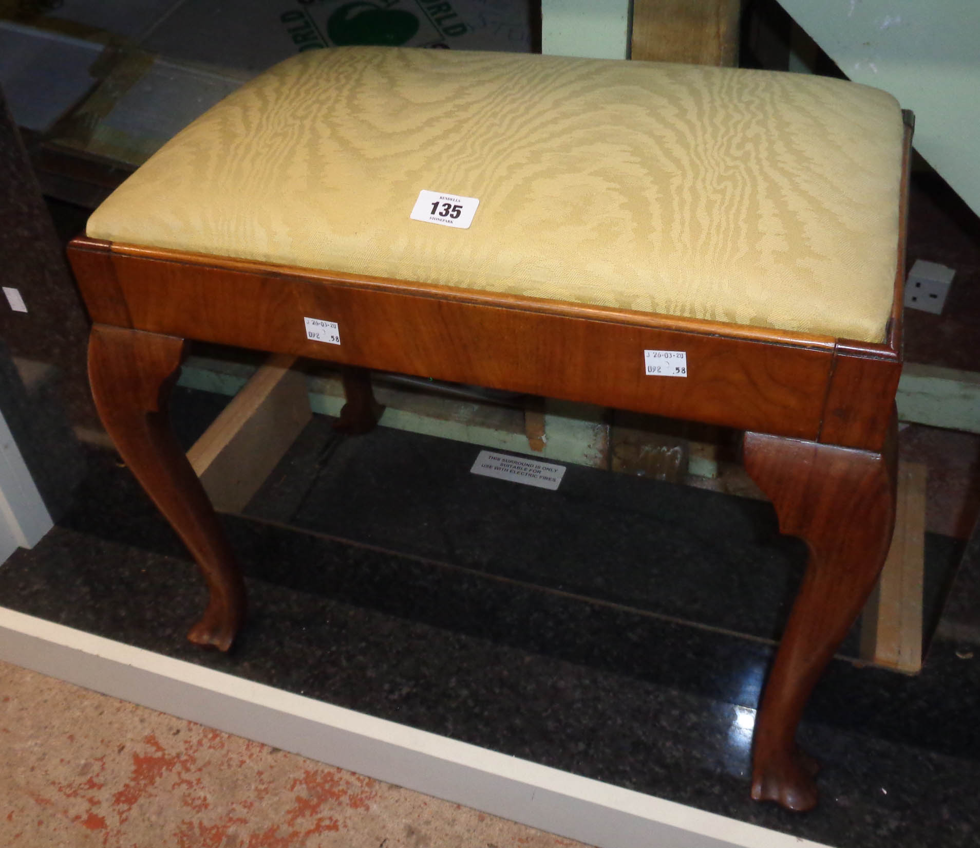 An early 20th Century stained walnut framed dressing stool with upholstered drop-in seat panel, - Image 2 of 2