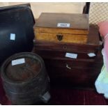 A mahogany casket, two smaller mahogany trinket boxes, and an antique oak costrel