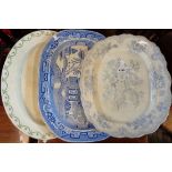 A large Willow pattern Ironstone meat plate - sold with two other meat plates