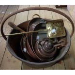 A copper preserve pan, copper kettle, pan lids, etc.