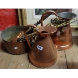 Various copper items including one gallon measure, large jug, saucepan, etc.