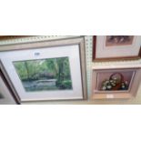 Sara Jones: a framed watercolour depicting a stone bridge in a wooded river landscape - signed -