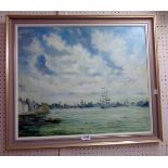 Robin Candy: a gilt framed oil on board depicting a harbour scene with various sailing and other