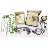 Two pocket watches, a marked silver charm bracelet and vintage necklaces