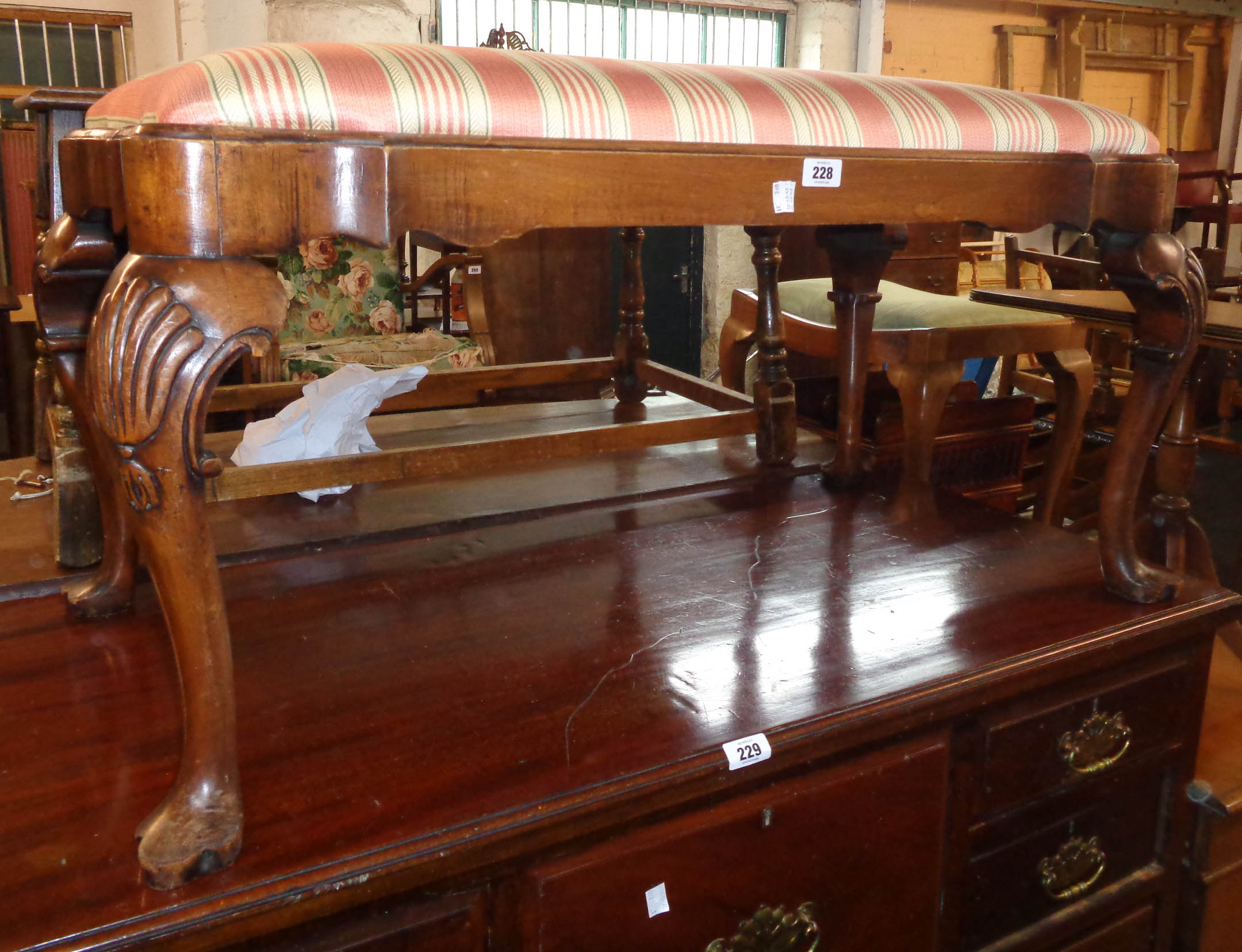 A stained walnut framed duet stool in the Queen Anne style with shaped and upholstered drop-in seat, - Image 2 of 2