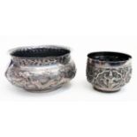 Anglo Indian white metal bowl with tigers hunting prey decoration - sold with a small cup with Hindu