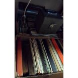 Three boxes containing a collection of vinyl LPs and a case of 45's including dance bands,