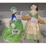 Two Royal Doulton figurines Autumn Breezes HN 1913 in green and blue, and Daffy Down Dilly HN 1712