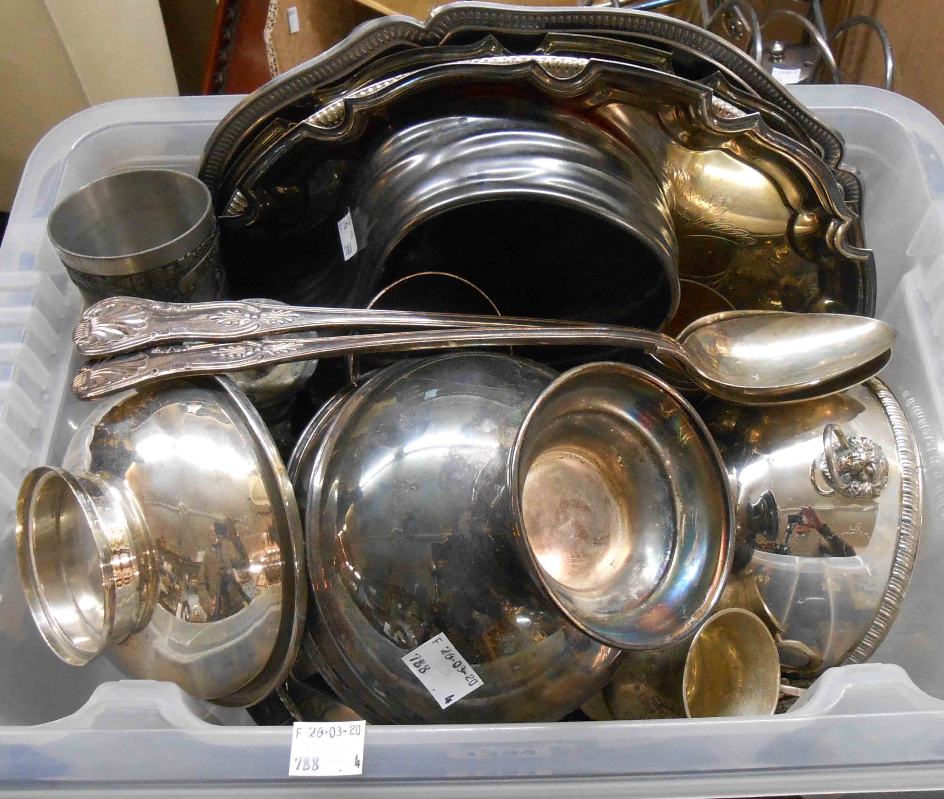 A quantity of silver plated items including two basting spoons, trays and footed bowls, etc.