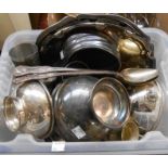 A quantity of silver plated items including two basting spoons, trays and footed bowls, etc.