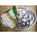 A silver plated gallery tray containing plated condiments, cutlery, cream jug, etc.