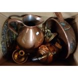 A box of copper and other metalware including large Victorian London County Council gallon