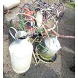 Various galvanised items, hose reel, watering can and spike birdbath
