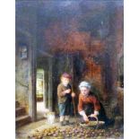 Hardy: a late Victorian gilt framed oil painting, depicting woman, child and cat in an apple store -