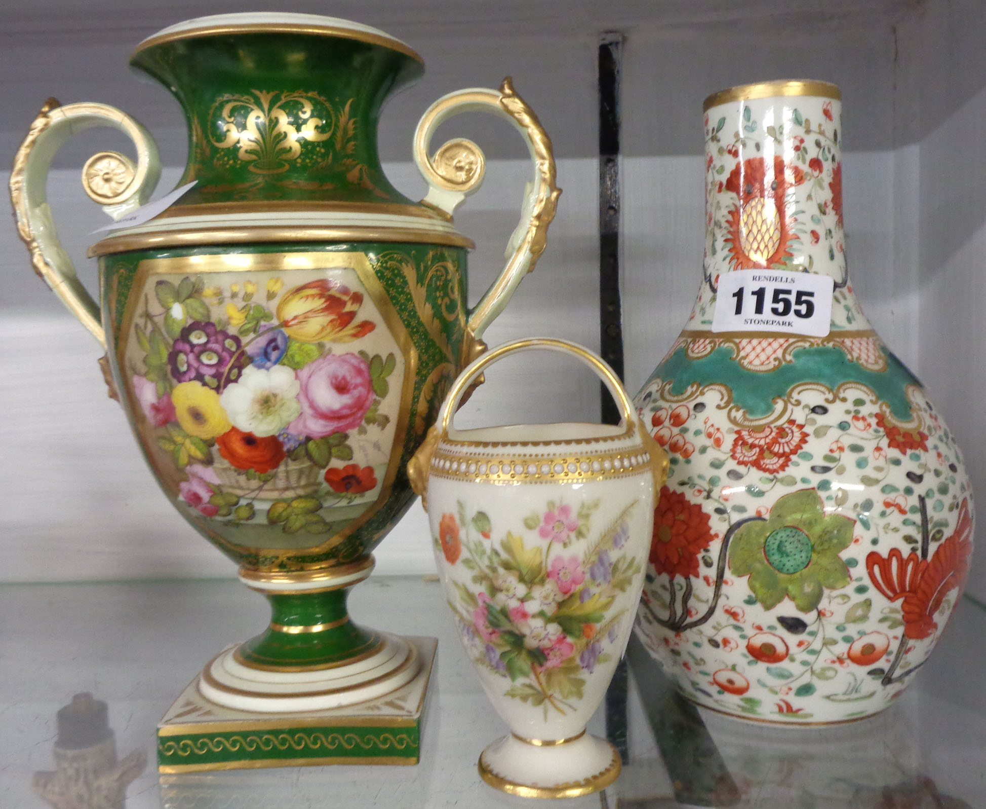 A Coalport two-handled urn with floral panel on green ground (a/f), a Royal Worcester porcelain