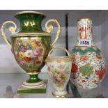 A Coalport two-handled urn with floral panel on green ground (a/f), a Royal Worcester porcelain