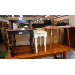 A small stained oak tea table - sold with a retro tea table, a painted stool with pierced frieze and