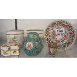 Two Victorian hand painted bone china dressing table jars with hand painted floral sprays and birds,