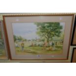 Douglas E. West: a framed coloured print depicting figures watching a cricket match